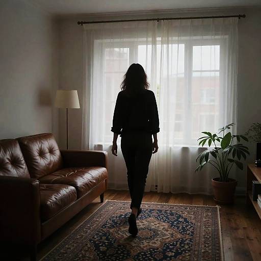 Silhouetted woman with curly hair walks towards sunlit window in dimly lit living room with leather sofa, floor lamp, and potted plant