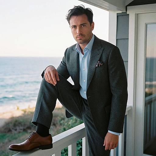 Photograph of a handsome man with short dark hair, wearing a gray suit, light blue shirt, and brown shoes, standing on a balcony with an