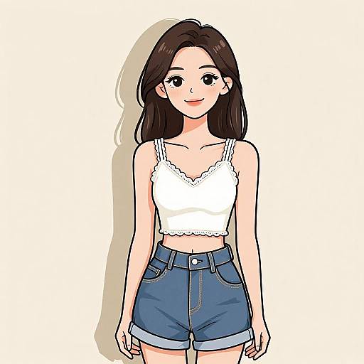 Digital anime-style drawing of a smiling young woman with long black hair, wearing a white lace-trimmed crop top and blue denim shorts.