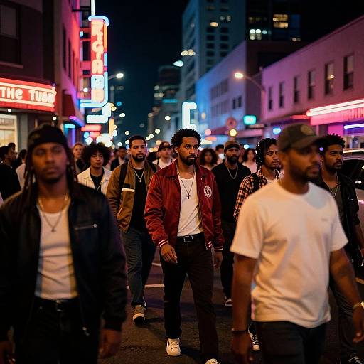 Nighttime photograph of a diverse group of men walking down a neon-lit urban street, wearing casual, urban attire, surrounded by brightly colored signs and