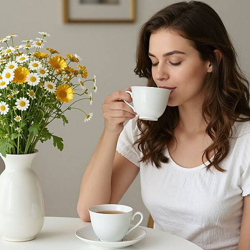 Graceful Woman Sipping Tea by Flowers
