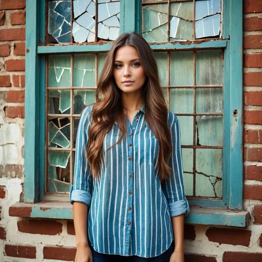 Young Woman in Striped Shirt by Broken Window