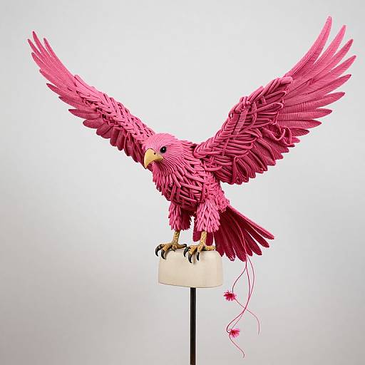 Photograph of a vibrant pink, intricately detailed, feathered bird sculpture with spread wings, perched on a white cylindrical base against a white background