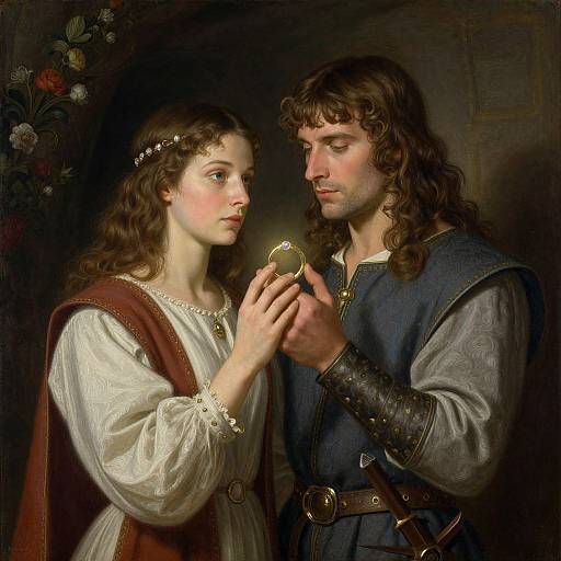 Romantic oil painting of a fair-skinned woman with curly brown hair and a man with long brown hair, gazing at a ring. She wears