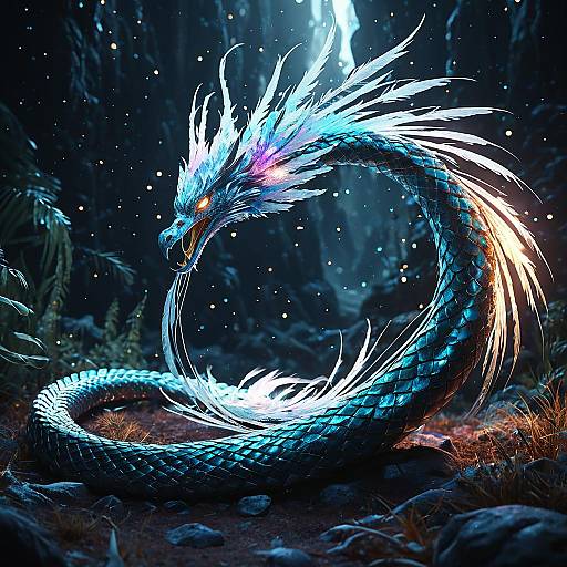Luminescent Serpent-Tailed Phoenix in Surreal Landscape