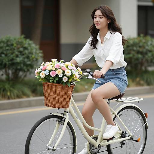 Woman Riding Bicycle with Flower Basket