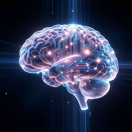 Digital CGI of a glowing, neon blue and white brain with circuitry patterns and bright lights, floating in a dark space.