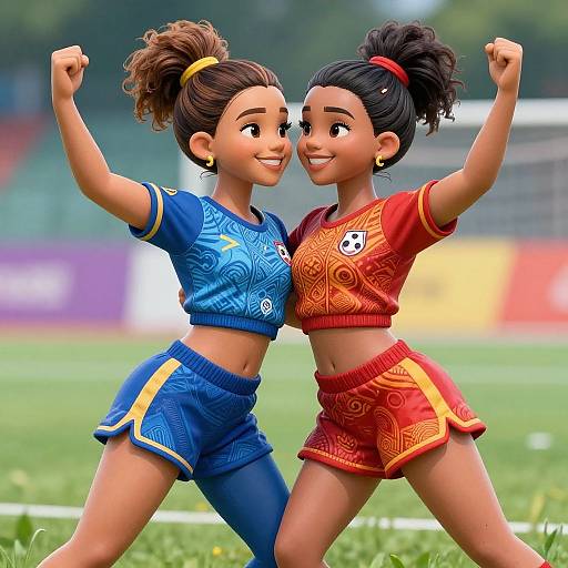 Two animated, smiling girls in soccer uniforms, one blue, one red, pose triumphantly on a grassy field, arms raised. CGI style.