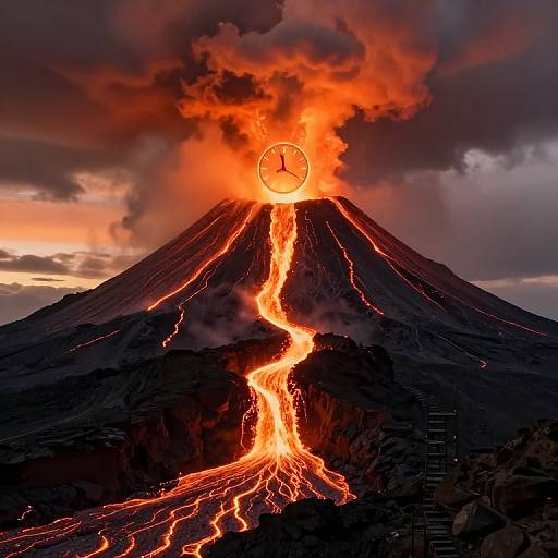 Neon Clock Volcano Eruption Scene