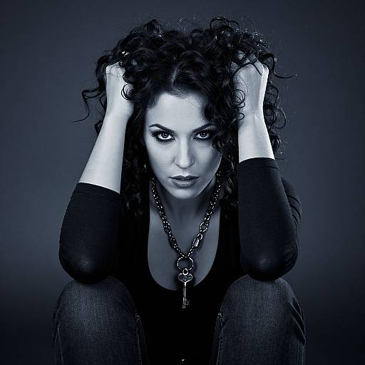Photograph of a pensive, curly-haired woman with intense blue eyes, wearing a black top and chain necklace, squatting with hands in hair against