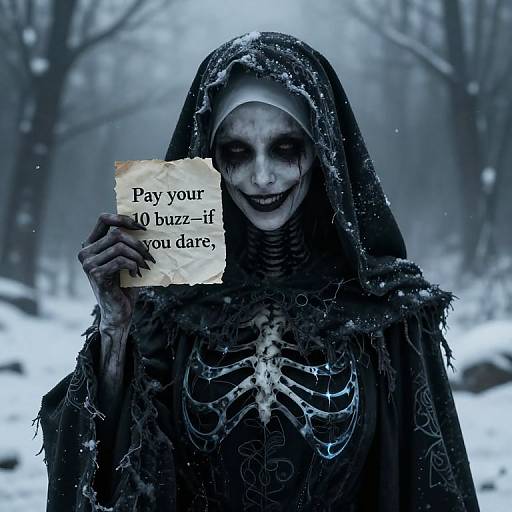 Photograph of a skeletal, black-cloaked, white-face-painted figure in a snowy forest, holding a paper with 