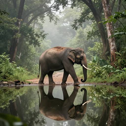 Elephant in Misty Forest Reflection