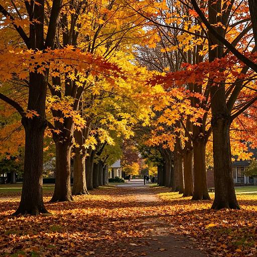 Photograph of a tree-lined path in autumn, with vibrant orange and yellow leaves, fallen leaves on the ground, and sunlight filtering through.