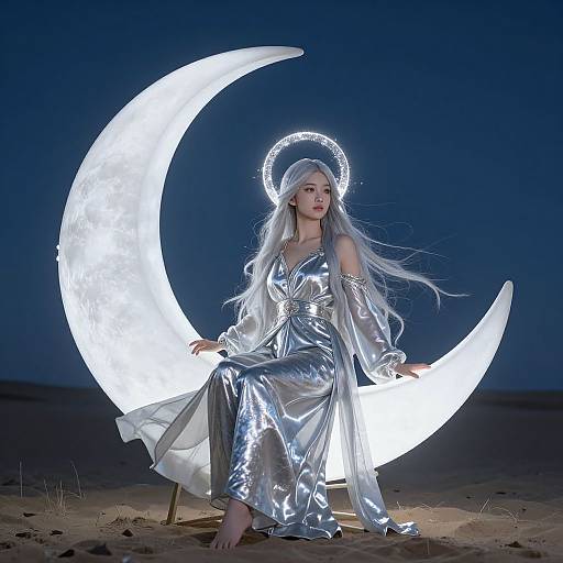 Photograph of a fair-skinned woman with long silver hair, wearing a shimmering silver dress and glowing halo, seated on a luminous crescent