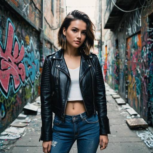 Urban woman in leather jacket in graffiti alley