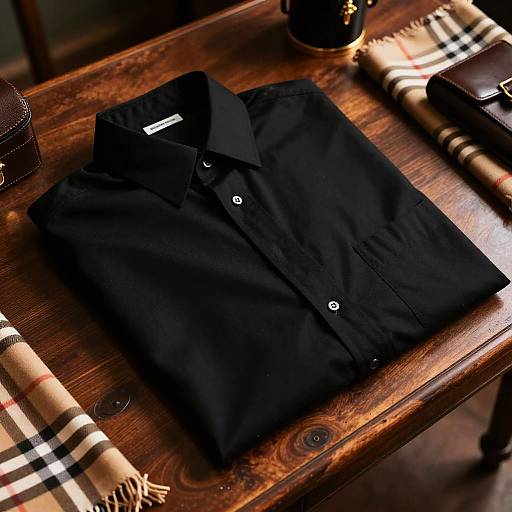 Photograph of a neatly folded black button-up shirt on a rustic wooden table, with plaid-patterned scarves on either side.