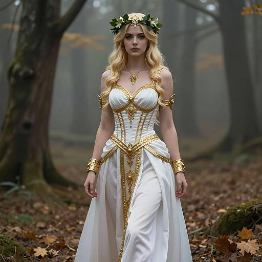 Fantasy Woman in Golden White Dress in Misty Forest