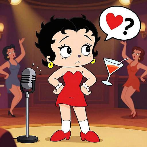 Cartoon of a confused woman in a red dress, standing on stage, hands on hips, next to a microphone, with dancers and a speech bubble