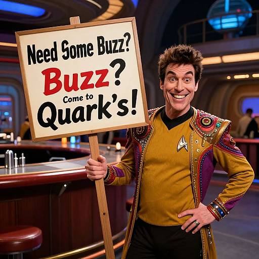 Photograph of a smiling man in a Star Trek uniform, holding a sign reading 