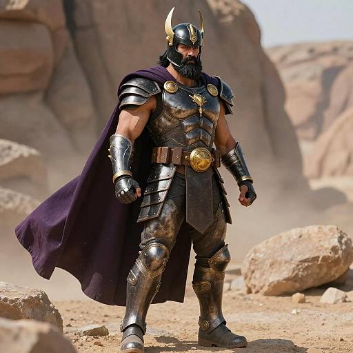 Photorealistic CGI of a muscular, bearded warrior with black horned helmet, silver armor, dark purple cape, standing in a rocky desert.