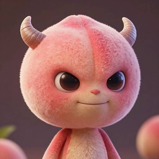 CGI image of a cute, pink, fluffy demon-like creature with small horns, large black eyes, and a mischievous smile. Background is