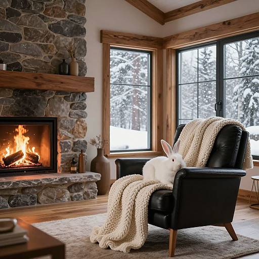 Cozy living room photo: Black leather armchair with white knitted blanket, white rabbit on lap, stone fireplace with fire, large windows showing snowy
