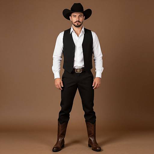 Photograph of a bearded man in a black cowboy hat, white shirt, black vest, black pants, and brown boots, standing against a brown