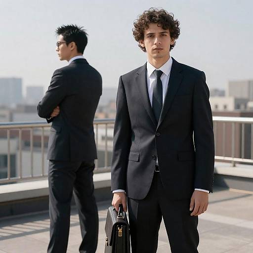 Businessmen on Rooftop with Cityscape