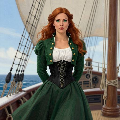 Digital art of a red-haired woman with green eyes, wearing a green corset dress and white blouse, on a wooden ship with sails. Ocean and