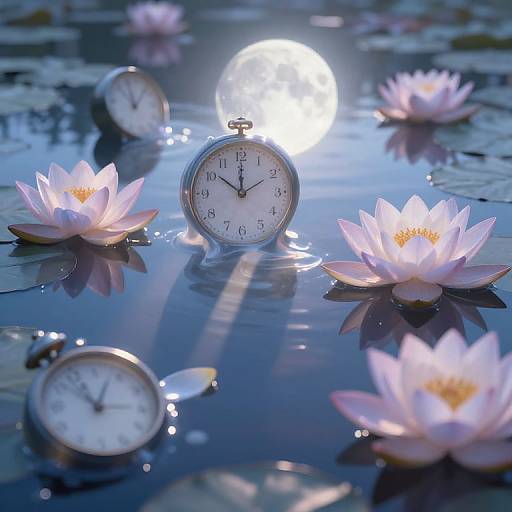 Photograph of a serene pond at night, featuring floating pink lotus flowers, three partially submerged clocks, and a glowing full moon.