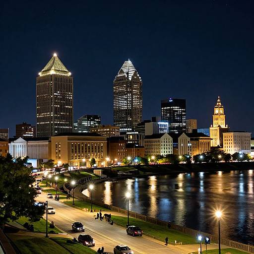 Photograph of a nighttime cityscape featuring illuminated skyscrapers, a glowing clock tower, and reflections on a river, with a busy road and cars