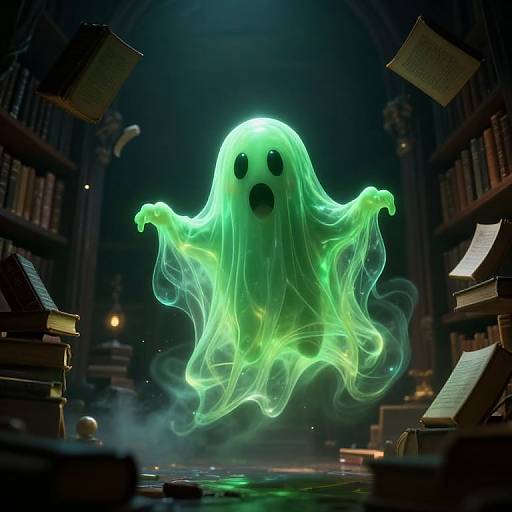 Glowing green ghost with black eyes floats in a dark, cluttered library, surrounded by falling books and scattered papers. Digital artwork.
