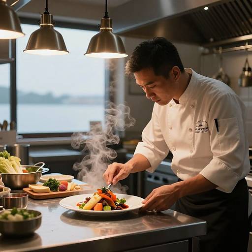 Chef Plating Vibrant Dishes in Warm Kitchen