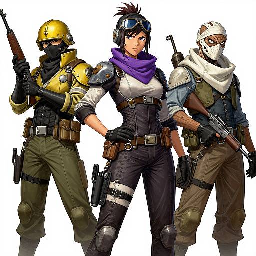 Digital artwork of three armed, tactical soldiers in diverse gear: yellow helmet, purple scarf, white bandana, standing confidently, white background.