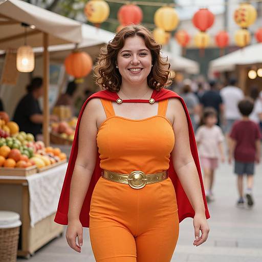 Cheerful Woman in Vibrant Orange Costume