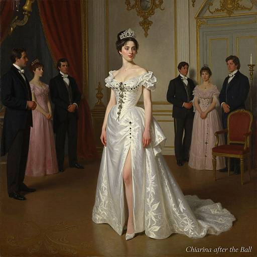 Photograph of a regal woman in an off-shoulder white floral-embroidered wedding gown with a thigh-high slit, standing in an