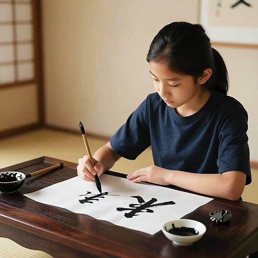 Japanese Girl Practicing Calligraphy