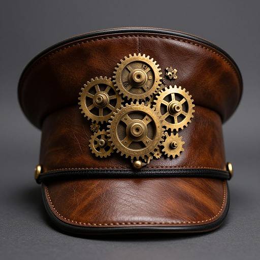 Photograph of a brown leather steampunk military hat adorned with brass gears, set against a dark gray background.
