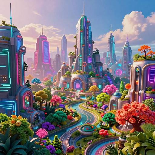 Neon-lit, futuristic cityscape with vibrant, colorful buildings, winding roads, and lush, multicolored flora under a bright, blue sky