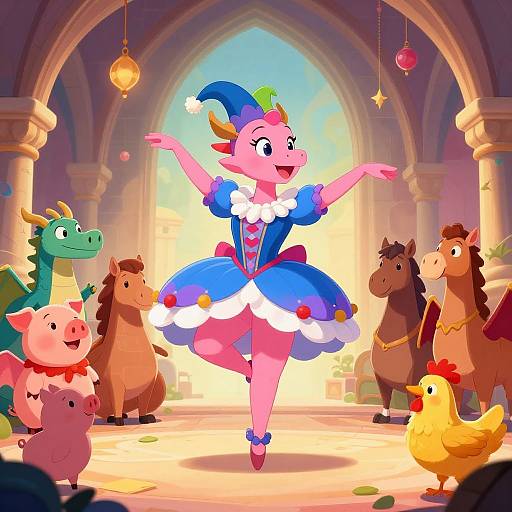 Colorful cartoon: Pink dragoness ballerina in blue dress, jester hat, dancing in grand hall with green dragon, pigs, horses,