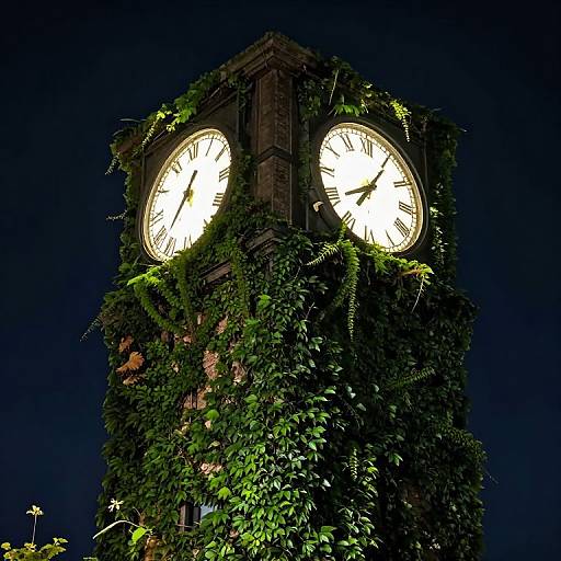 Ivy-Covered Tower with Glowing Clocks
