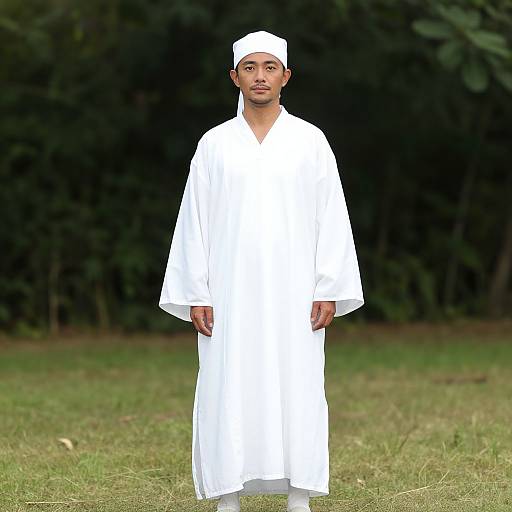 Photograph of a young South Asian man in a white traditional outfit and cap, standing on grass with a dark green forest background.