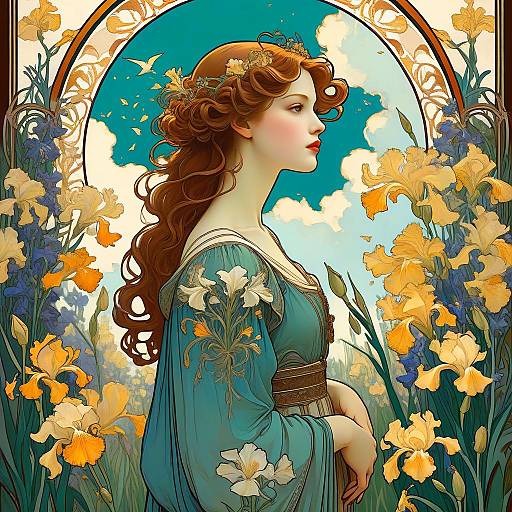 Art Nouveau Woman in Iris Garden