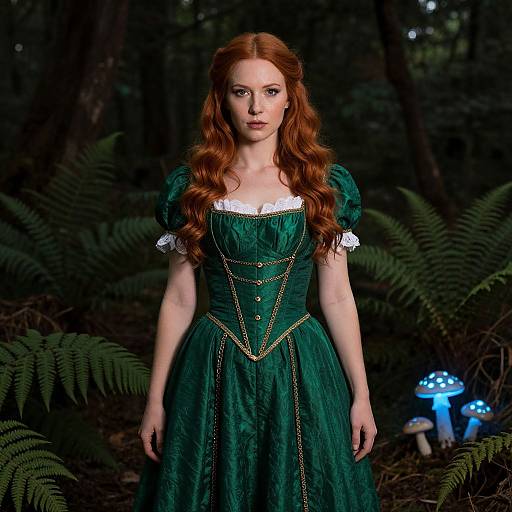 Photograph of a red-haired woman in a dark green, lace-trimmed dress with gold chains, standing in a dark forest with ferns and