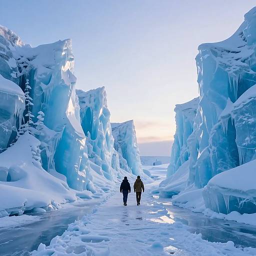 Photograph of two people walking between towering, icy blue icebergs with sharp edges and large icicles, reflecting on a frozen, icy path under