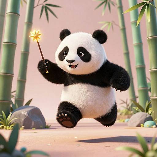 Cute 3D CGI panda with black and white fur, holding a sparkler, jumping in a bamboo forest with a pink sky.