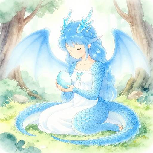 Digital anime-style drawing of a blue-scaled dragon girl with wings, long blue hair, and closed eyes, kneeling in a sunlit forest, gently