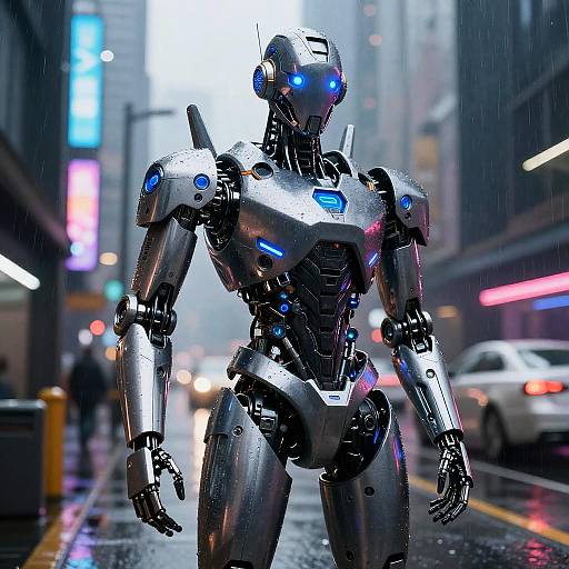 Futuristic Robot Guardian in Neon City