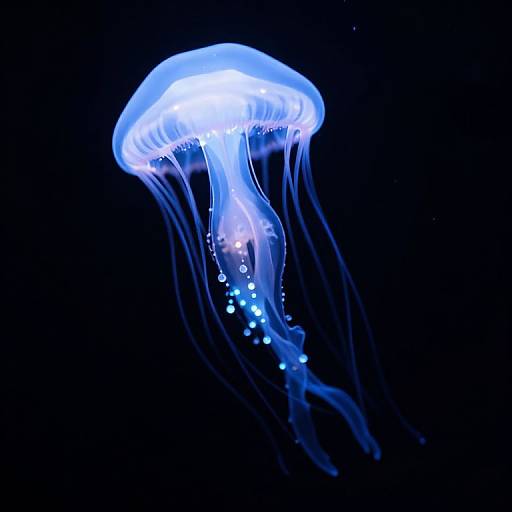 Photograph of a glowing blue jellyfish with translucent tentacles and bioluminescent spots, floating against a dark blue-black background.