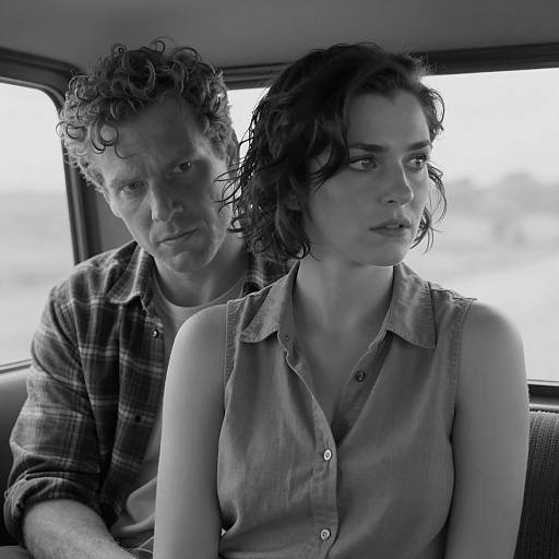 Black-and-white photograph of a curly-haired man in a plaid shirt sitting behind a serious-looking woman with wet, dark hair in a sleeveless button
